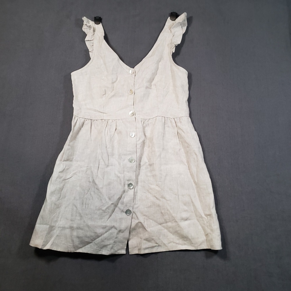 Little Lies Gracelyn Dress Womens 12 Natural Linen Ruffle Button Front Smocked